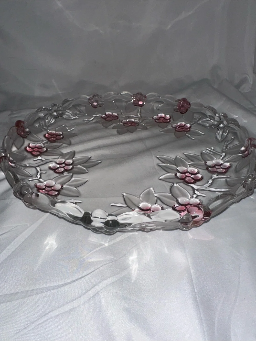 Pink Floral Clear Glass 11.5” Serving Platter Raised Flowers